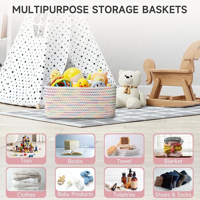 3 Pack Small Storage Baskets for Organizing, 11.8×7.8×5.1", Rainbow | Woven Baskets for shelves, Cotton Rope Basket for Gifts Empty, Closet Organizer Bins with Handles, Cube Decorative Box