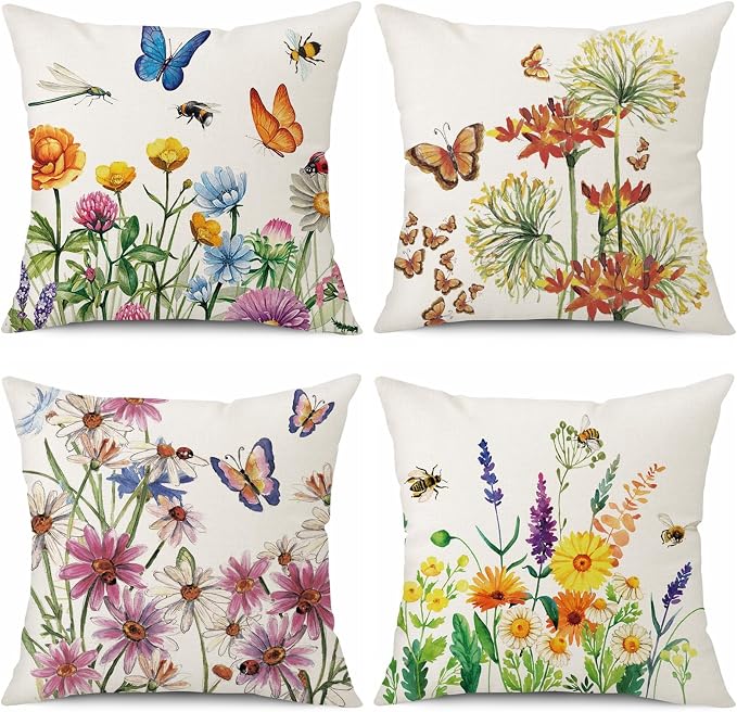 wyooxoo Throw Pillow Covers 20x20 Set of 4 Summer Spring Pillow Covers Flower Butterfly Farmhouse Cushion Case for Sofa Couch Outdoor Patio