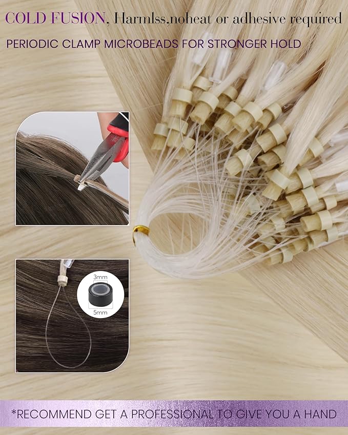 LaaVoo Microbead Hair Extension Human Hair Bleach Blonde Microloop Hair Extensions Human Hair Microlink Extensions Blonde Cold Fusion 50g 50s 16 Inch