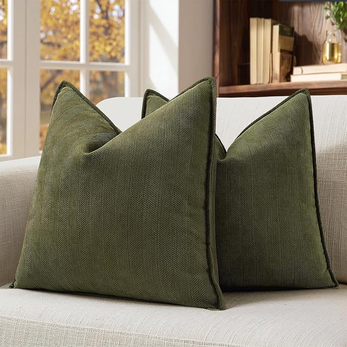 MIULEE Pack of 2 Olive Green Euro Shams Chenille Pillow Covers 24x24 Inch | Decorative Soft Couch Throw Pillows,Farmhouse Cushion Covers,Elegant Design for Sofa,Bed,Living Room,Summer Decor