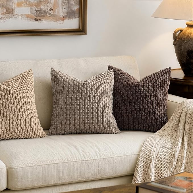 MIULEE Decorative Throw Pillow Covers 18x18 Neutral Brown Textured Corduroy | Pack of 2 Striped Pillow Covers Modern Farmhouse Fall Home Decor for Couch Bed Sofa Living Room