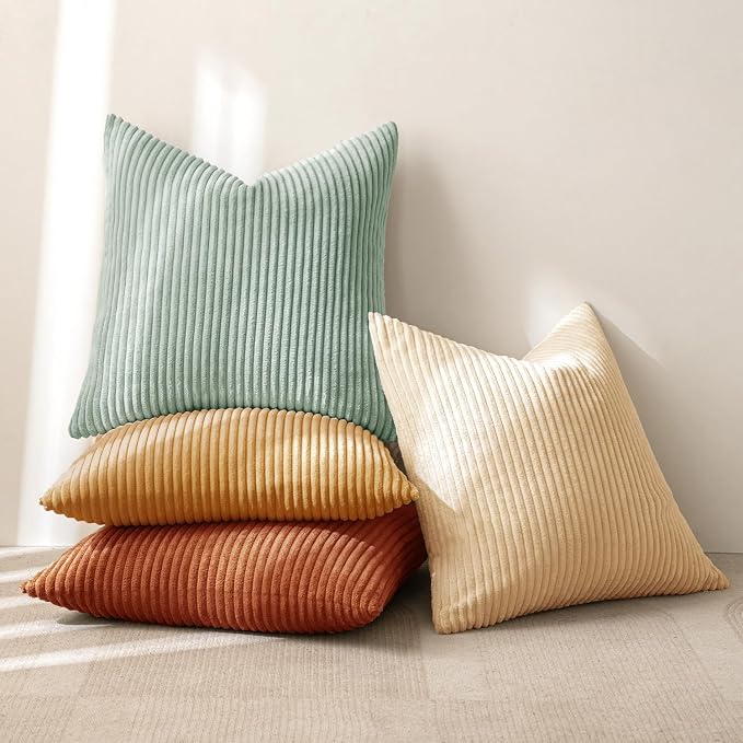 MIULEE Soft Corduroy Decorative Throw Pillow Covers Teal-Rust 20x20 | Set of 4, Mordern Rustic Home Decor, Retro Vintage Set, Boho Farmhouse Cushion Covers for Couch Bed Sofa Living Room