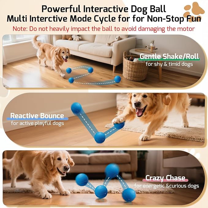 SNOYWEN Interactive Dog Balls, Smart Dog Toy for Medium & Large Dogs, Rubber Material, Automatic Moving, Rotating, Bouncing, IPX7 Waterproof, Motion-Activated Dog Stimulation Toy (Blue)