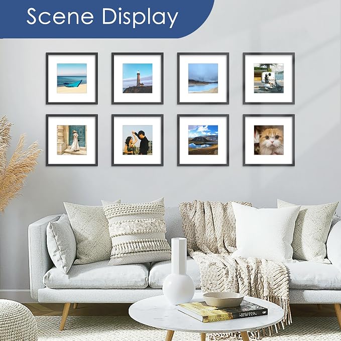 12x12 Picture Frame Set of 6, Wall Mount Display, Black | Display Pictures 8x8 with Mat or 12x12 Without Mat, Horizontal or Vertical, Gallery Wall Frame Set, Wedding Birthday Gifts