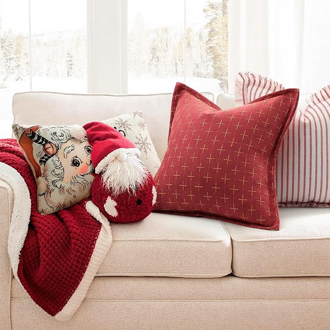 Christmas Pillow Covers 24x24 Set of 2 Soft Polyester Textured Red Pillows with Stylish Flange Edge Cozy Farmhouse Christmas Decor for Couch Bed Sofa Living Room (Red)