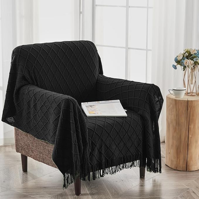 inhand Black Knitted Throw Blanket for Couch and Bed, 60"x80" | Soft Cozy Knit Blanket with Tassel, Lightweight Decorative Blankets and Throws, Farmhouse Warm Woven for Men and Women