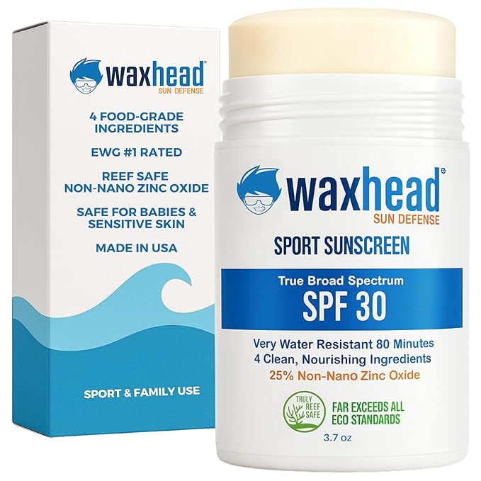 Waxhead Zinc Oxide Sunscreen Stick SPF 30 – Mineral Sunblock for Face & Body, Sport & Surf Reef Safe, Waterproof, Baby & Kids Safe for Sensitive Skin, Non-Nano Organic Tattoo Protection (White, 3.7oz)