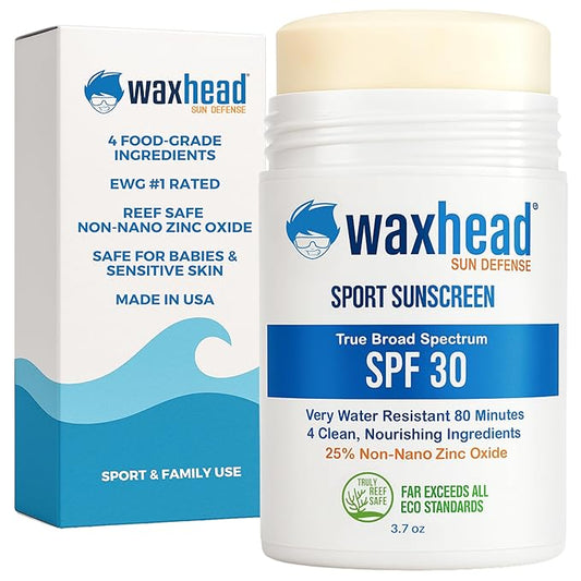 Waxhead Zinc Oxide Sunscreen Stick SPF 30 – Mineral Sunblock for Face & Body, Sport & Surf Reef Safe, Waterproof, Baby & Kids Safe for Sensitive Skin, Non-Nano Organic Tattoo Protection (White, 3.7oz)