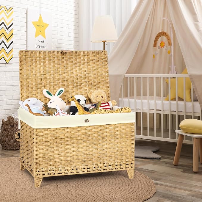 Wicker Storage Basket with Lid, 200L Storage Bin with Removable Liner Bag | Rattan-Inspired Shelf Basket Design, Storage Trunk with Heightened Feet, Wardrobe Storage Container & Home Organizer