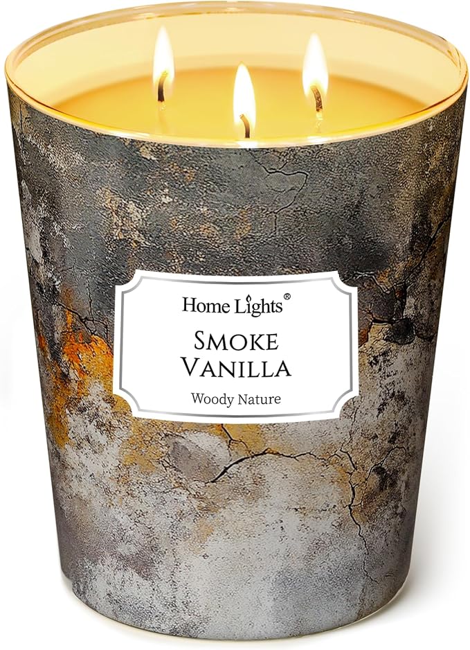 HomeLights Large jar Candle | 3-Wick Long-Lasting Scented Candles, 34oz Natural Soy Wax Candle for Home Scented, Industrial Chic Gifts for Women & Men, Smoke Vanilla