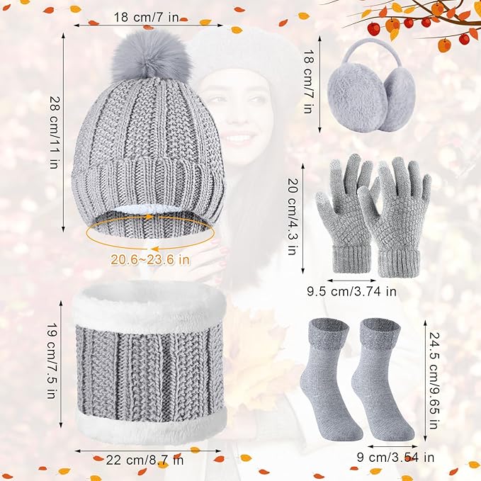 SATINIOR 5 Pcs Winter Hat Scarf Gloves Set Fleece Warm Lined Knit Beanie Hat Touch Screen Earmuff Gloves Warmer for Women(Grey,Classic Style)