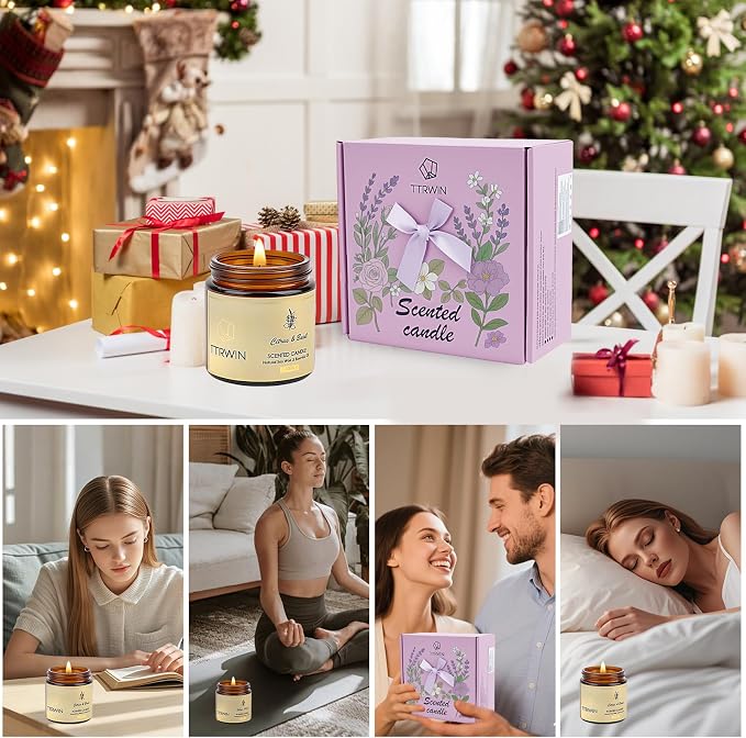 TTRWIN Scented Candles Gift Set, 4 Pick Natural Soy Candles: British pear & Freesia, Rose & Amber, Lavender & Rosemary, Citrus & Basil, Birthday Gifts for Women, Gifts for Mother's Day