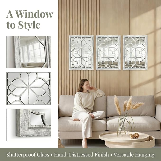 Set of 2 19x26 Inch Large Grey Shatterproof Rectangular Wall Mirrors, Boho Rustic Farmhouse Vintage Accent Mirrors for Living Room Bedroom Entryway Dining Room & Home Decor