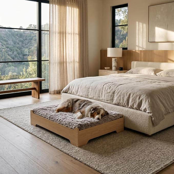 Elevated Wood Dog Bed Frame with Foam Mattress, WoodPattern, M | Raised Dog Bed with Washable Cover, Furniture-Style Design for Indoor Living