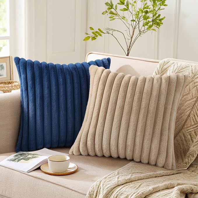 Pallene Faux Fur Decorative Throw Pillow Covers 22x22 Set of 2, Khaki | Luxury Plush Texture, Striped Design, Cozy Soft Touch, Modern Home Accent Decor for Couch, Sofa, Bed, Living Room