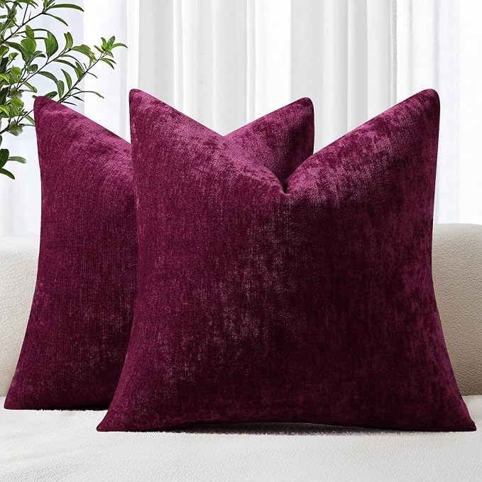 decorUhome Soft Chenille Burgundy Throw Pillow Covers 16X16 Set of 2 | Decorative Fall Couch Pillow Covers Solid Dyed Accent Modern Farmhouse Neutral Square Pillow Cases for Sofa