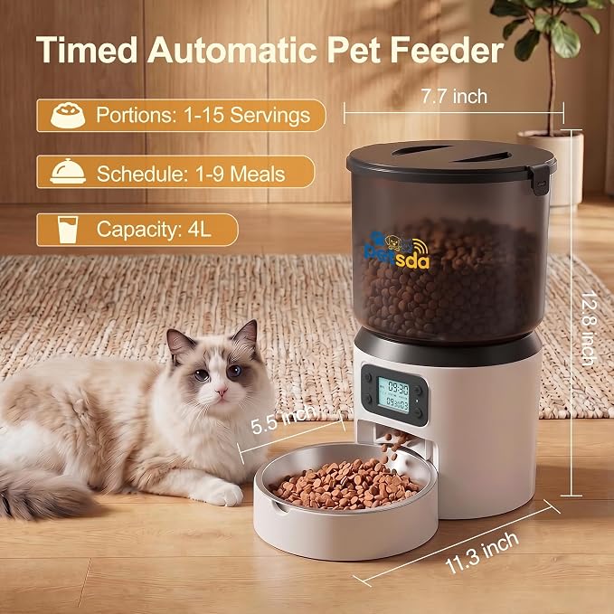Automatic Cat Feeders, 4L Timed Cat Dry Food Dispenser Auto Pet Feeder Portion Control up to 9 Meals/Day for Cats and Small Dogs Dual Power Supply, with Stainless Bowl Fresh Food, Easy Clean