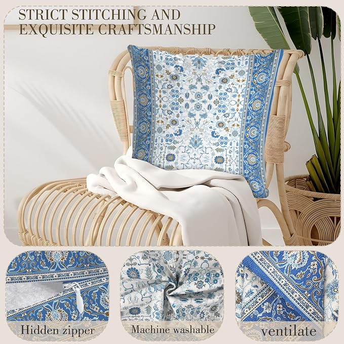 Boho Floral Throw Pillow Covers 18x18 inch Set of 2,Blue Boho Rug Geometric Floral Pattern Decor Double Sided Pattern Cushion Cover Soft Pillow Case Living Sofa Room Bed Square Pillow Cover