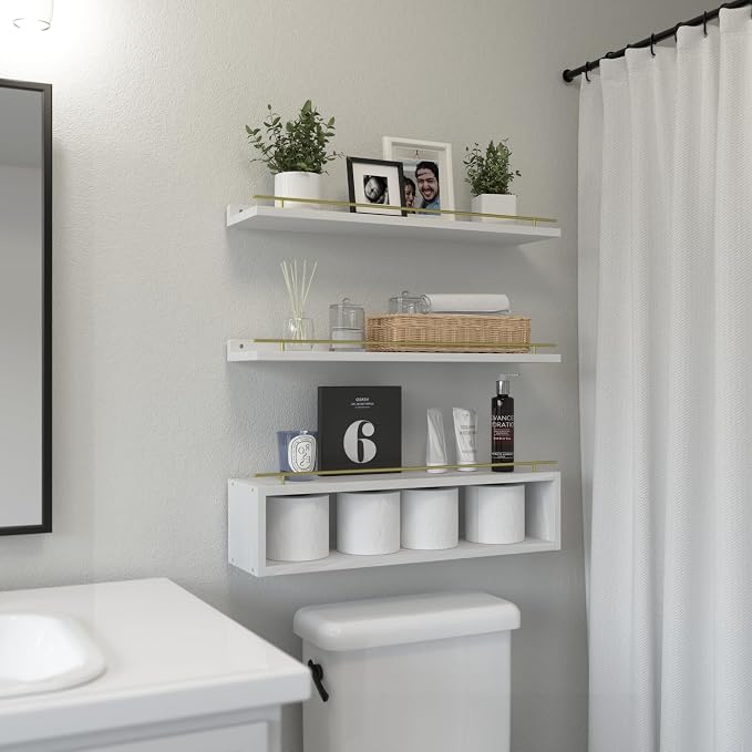 Floating Shelves for Wall 24 inch with Cube Shelf, Wall Shelves with Metal Rail for Decor, Bathroom Organizers and Storage, Over Toilet Shelves for Bathroom, Toilet Paper-White&Gold