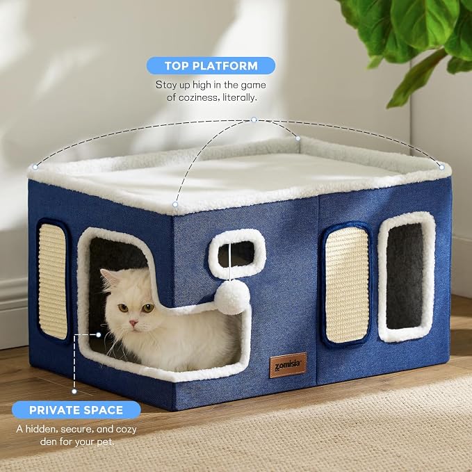 ZOMISIA Heated Cat House for Indoor Cats - Large Cat Warming Bed for Winter with Fluffy Ball Hanging and Adjustable Heating Pad, Foldable Cat Hideaway,23x16.5x13 inches, Green