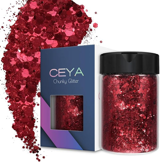 Ceya Chunky Glitter, 4.9oz/ 140g Valient Red Craft Glitter Powder Mixed Fine Flakes Iridescent Nail Sequins for Nail Art, Hair, Epoxy Resin, Tumblers, Slime, Painting, Festival Decor