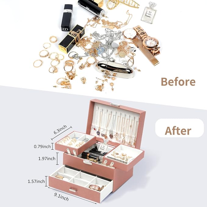 Jewelry Organizer Box, Large Jewelry Boxes for Women Girls, Space-Saving 3 Layers Jewelry Storage Case with Drawer, Movable Metal Stand, Modern, Gift Idea (Champagne)