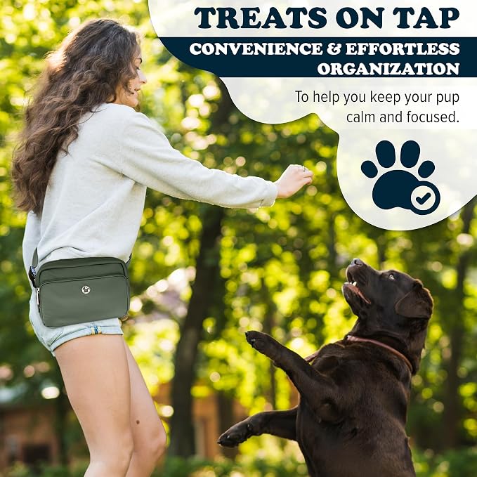 Puppington 3-in-1 Crossbody Dog Treat Pouch for Pet Training - Compostable Poop Bags, Built-In Poop Bag Dispenser, Slow-Feeding Travel Dog Bowl & Reflective Leash - Dog Walking Bag (Basil Green)