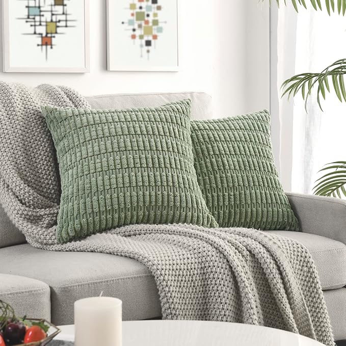 Volcanics Pack of 2 Sage Green Decorative Throw Pillow Covers 18x18 Inch, Soft Corduroy Striped Square Cushion Cases, Modern Farmhouse Boho Home Decor for Spring Couch Bed Sofa Living Room | Soft Corduroy Striped Square Cushion Cases, Modern Farmhouse ...