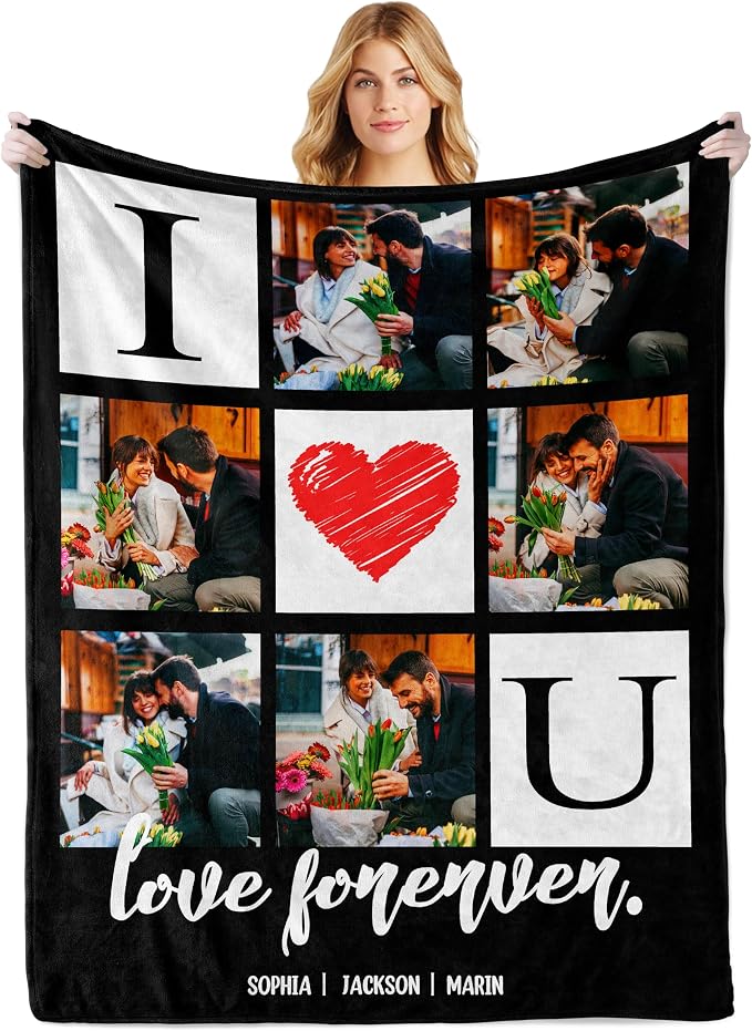 Ecactly Mother's Day Personalized Blanket Gifts for Mom from Daughter Son | I Love You Custom Couple Blanket with Photos Text, Personalized Gifts for Wife Husband Her Him Christmas Birthday