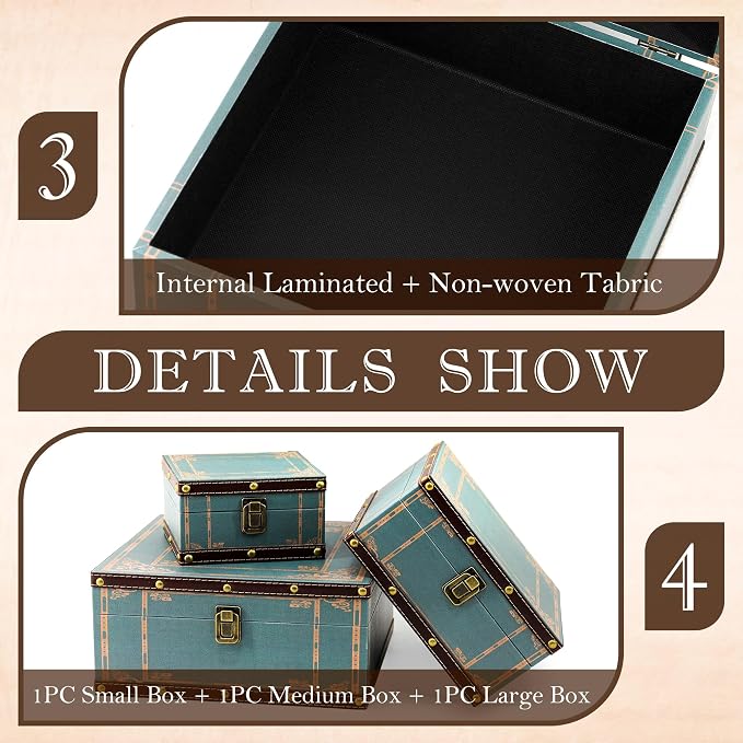 Jolitac Wooden Storage Box Set of 3, Antique-Looking Storage Containers with Secret Compartments Vintage Nesting Keepsake Chests for Jewelry, Cash, Photos Travel-Friendly & Stackable (Green)