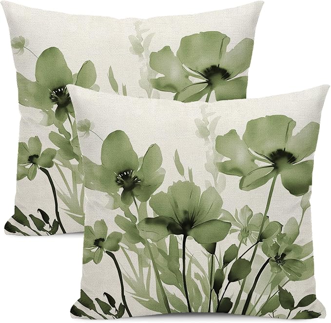 Spring Floral Pillow Covers 18x18 Inches Set of 2,Sage Green Floral Throw Pillow Covers Outdoor Summer Flower Decoration Pillowcase Farmhouse Decorative Square Linen Cushion Cover For Home Sofa