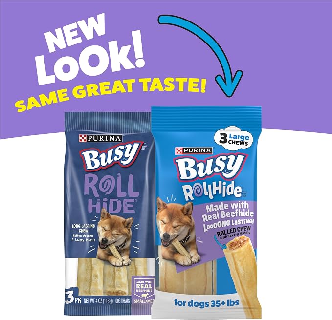 Purina Busy Rawhide Small/Medium Breed Dog Bones, Rollhide - (Pack of 12) 3 ct. Pouches | Basted beefhide exterior with a savory middle and no artificial colors or flavors, long lasting chew that helps clean teeth