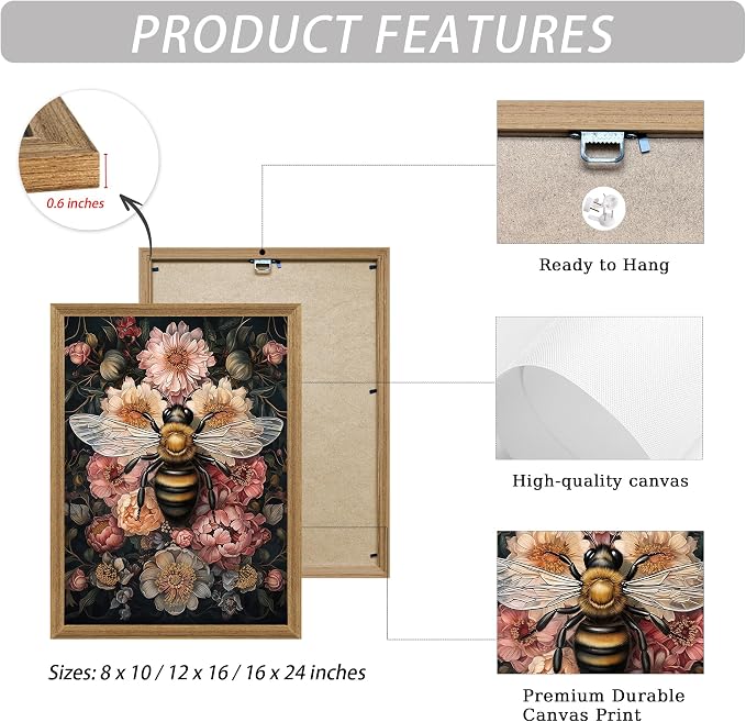 ICHZUMW Framed William Morris Bee Floral Vintage Canvas Wall Art 8x10 In | Dark Cottagecore Prints, Antique Aesthetic Bumblebee Wall Decor for Bedroom Living Room Bathroom Office, Ready to Hang