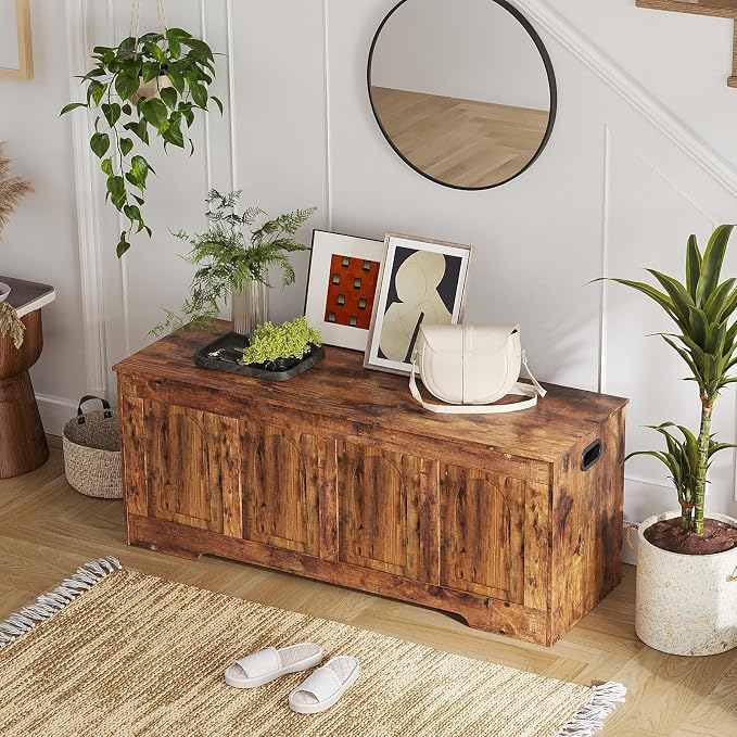 Storage Chest, Wooden Toy Box, Rustic Brown 47.2" L | Entryway Shoe Bench, 2 Soft-close Hinges, Finger-safe Flip-Top Lid, Easy Assembly, Farmhouse Large Trunk, Living Room/Bedroom