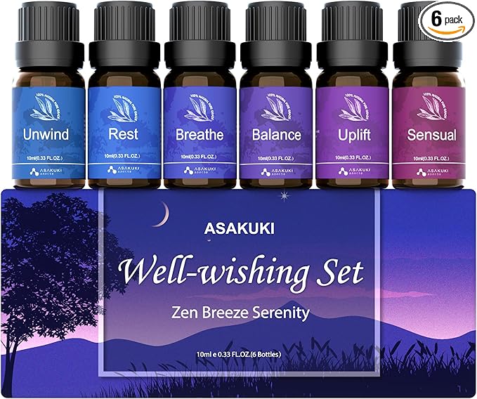 ASAKUKI Essential Oils for Diffuser –6 Mood Essential Oil Blends (Breathe, Uplift, Sensual, Balance, Unwind, Rest) for Morning to Night Rituals, Home & Daily Use-Thoughtful Gift