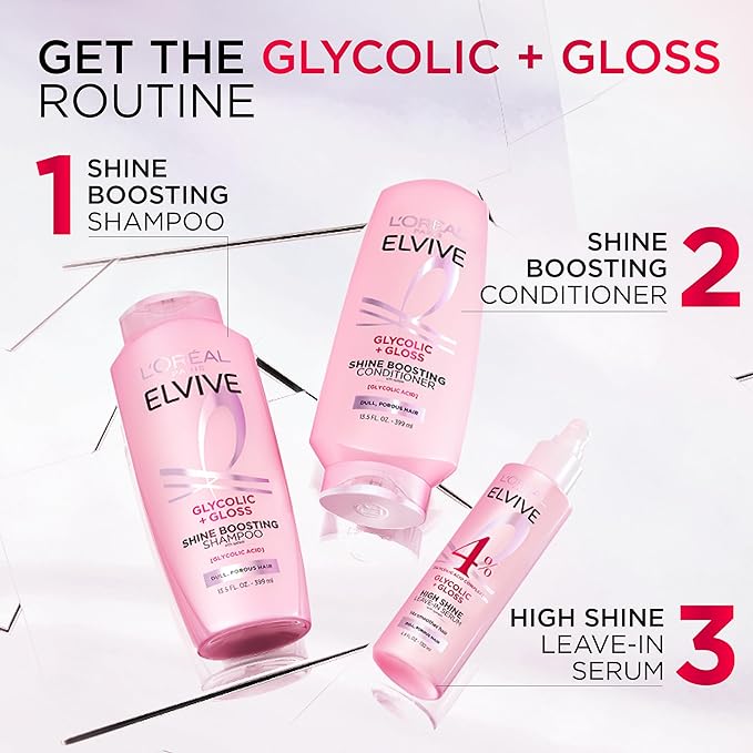 L'Oreal Paris Elvive Glycolic + Gloss Shine Boosting Shampoo and Conditioner Set, Cleanses and Smooths Dull, Porous Hair Into High-Shine, Glossy Hair, 1 Kit