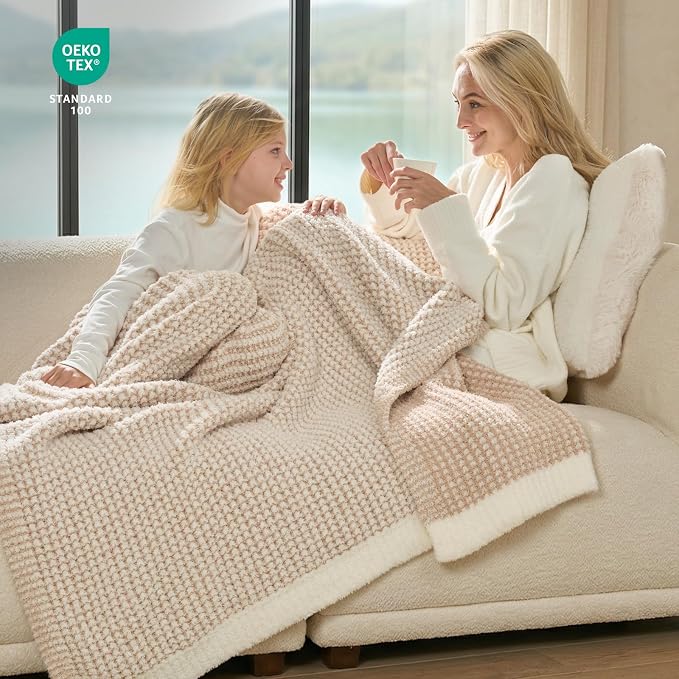 Snuggle Sac Cream Waffle Blanket for Couch Bed Sofa 60x80 inches, Reversible Beige Soft Throw Microfiber Fluffy Fuzzy Cozy Knit Twin Blanket for Women Mothers Birthday Gifts