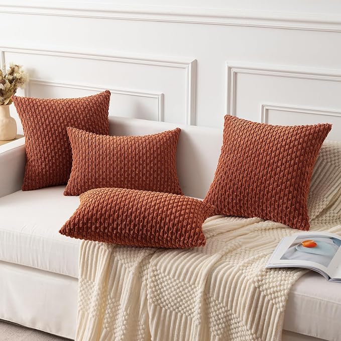 Kevin Textile Soft Corduroy 14"x24" Lumbar Pillow Cover 1 Pack, Rust | Fall Boho Stripe Plush Corduroy Decorative Oblong Cushion Cover Modern Farmhouse Home Decor for Sofa Couch Bed Chair