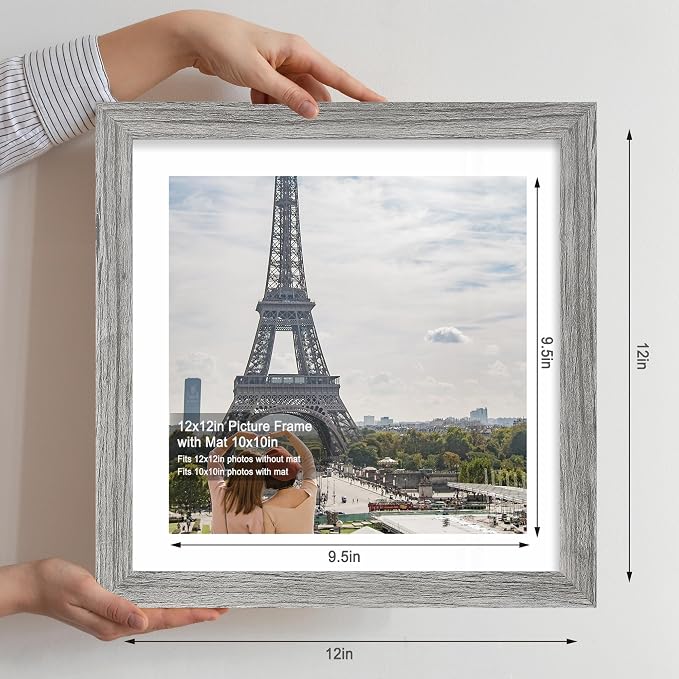 Hongkee 12x12 Picture Frame Set of 4 - Made of Glass and Grey Wooden Frame, Display Square Pictures 10x10 with Mat or 12 x 12 without Mat, Desktop & Wall Collage Photo Frame