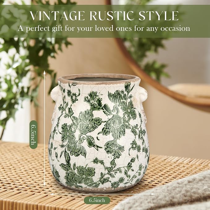 Ceramic Green Scroll Planter 6.5 Inch Chinoiserie Floral Vase with Drainage Holes Vintage Flower Vase Flower Pot Rustic Ceramic Pots for Indoor Plants Flowers Garden Home Bookshelf Decor