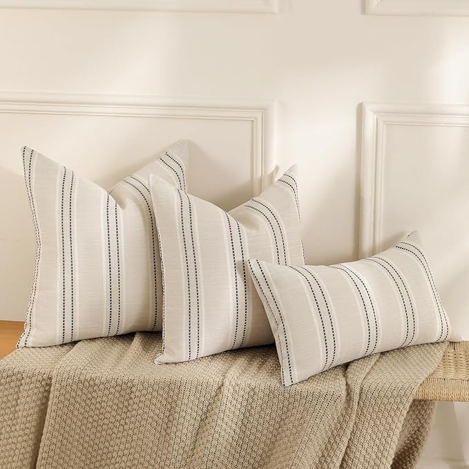 Hckot Throw Pillow Covers 24x24 Set of 2 Striped Pillow Covers Textured Linen Decorative Pillows Square Cushion Covers for Sofa Couch Bed Living Room Farmhouse Decor, Grey