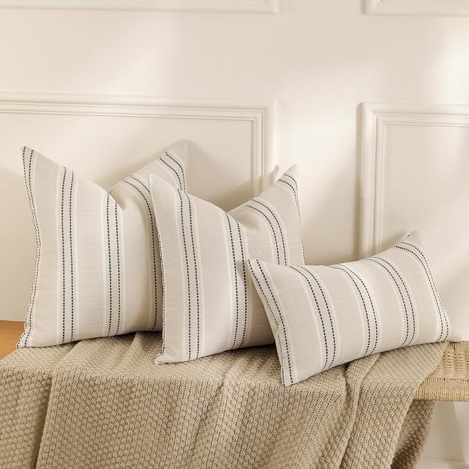 Hckot Throw Pillow Covers 20x20 Set of 2 Striped Pillow Covers Textured Linen Decorative Pillows Square Cushion Covers for Sofa Couch Bed Living Room Farmhouse Decor, Grey