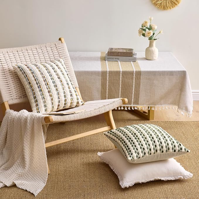 ANRODUO Boho Chenille Decorative Pillow Covers 18x18 Set of 2 Brown White | Textured Tufted Stripes Woven Cushion Case, Farmhouse Accent Neutral Pillowcase for Couch Sofa Bed Living, Room Decor