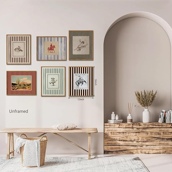 ZHARGL Vintage Western Posters Wall Art Set of 6, Striped Cowboy Canvas Wall Decor Paintings, Boho Farmhouse Southwest Prints Pictures for Living Room Bedroom Bathroom 12x16 Inch Unframed