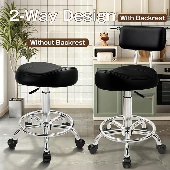 Saddle Stool with Back and Ring Pedal, Adjustable Hydraulic Rolling Chair with Wheels for Salon, Spa, Medical, Massage & Drafting Use Black