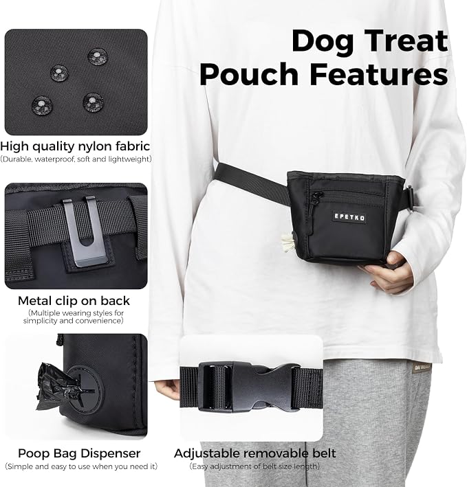 Dog Treat Pouch, Powerful Magnet Closure Device Dog Training Treat Bag Large Capacity Pet Treat Pouch with Poop Bag Dispenser Treat Bag for Dog Training with Metal Waistband Clip (Black)
