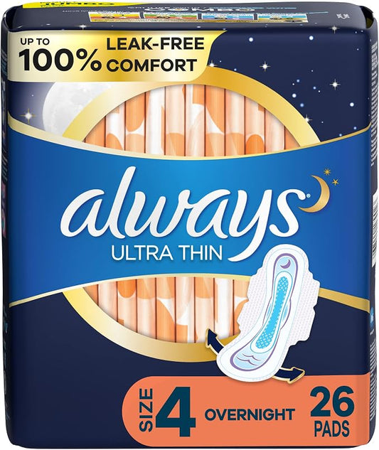Always Ultra Thin Pads for Women, Size 4 Overnight Absorbency, Unscented with Wings, 26 Count