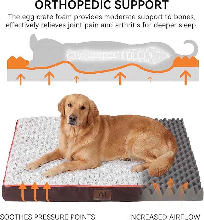 WESTERN HOME WH Orthopedic XL Dog Bed Extra Large Washable Pet Bed, 42in | Waterproof Liner,Removable Cover,Thick Egg Crate Foam for Joint Support,Nonskid Bottom,OEKO-TEX Certified,Brown,Up to 92 Lbs