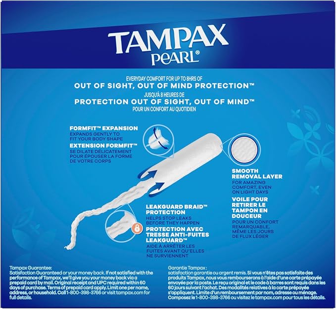 Tampax Pearl Tampons for Women Multipack, with LeakGuard Braid, Regular/Super/Super Plus Absorbency, Unscented, 47 Count
