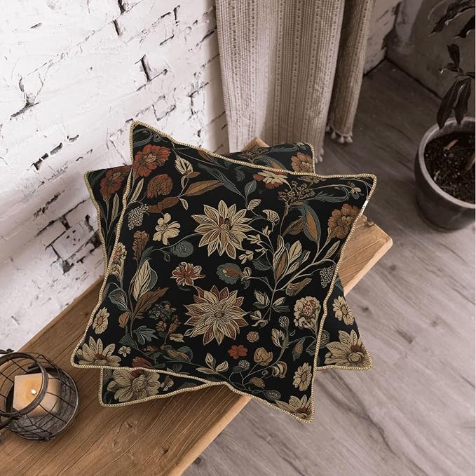 KSLIDS Vintage Floral Brown Black Soft Velvet Throw Pillow Covers Set of 2 Retro Boho Flower Leaves Decorative Pillow Covers 16x16 Inch Bohemian Pillow Case for Sofa Couch Farmhouse Home Decor